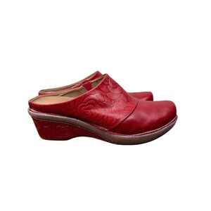 Spring Step L'Artiste Red Leather Red Embossed Wedge Clogs Mule Shoes Size 41